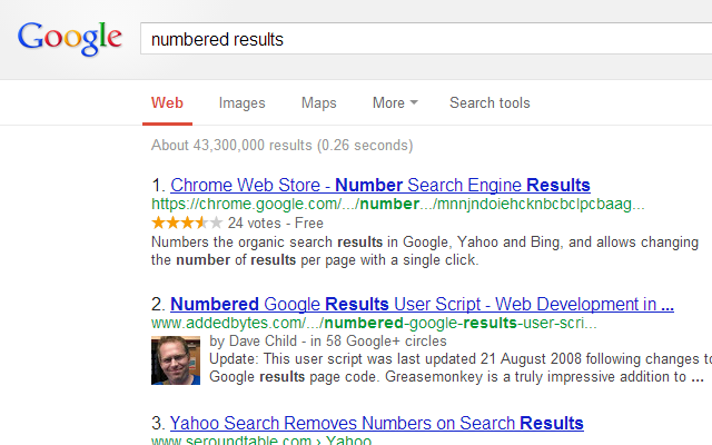 Add Numbers to Google Search Results
