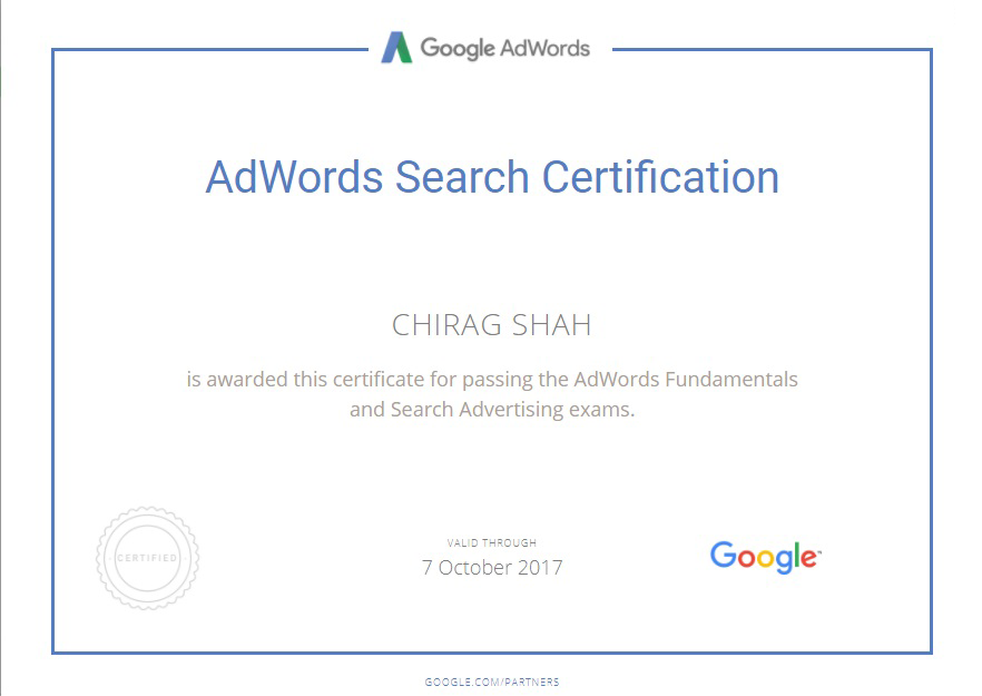 Chirag Shah AdWords Certification 