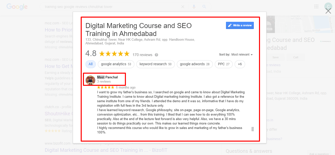 Meet panchal google review about digital marketing course